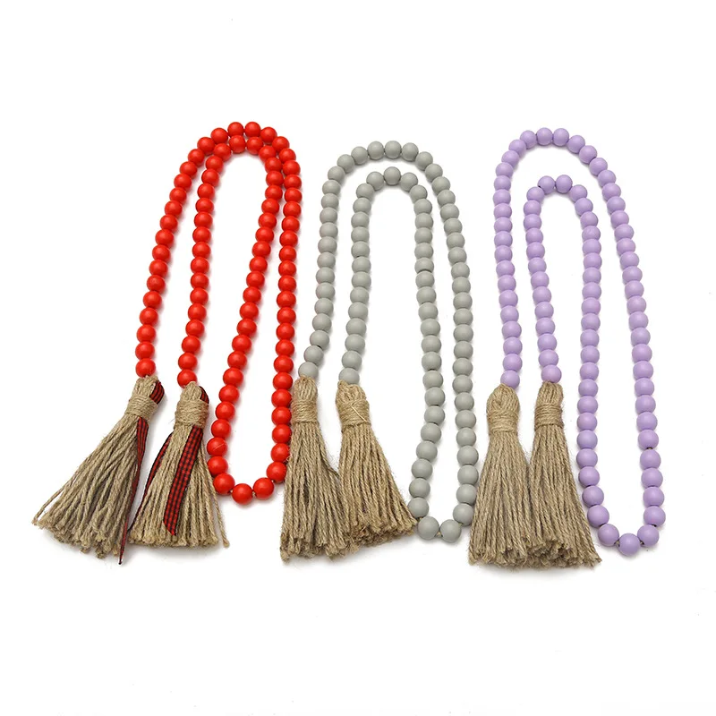 

Amazon Hot Sale Wooden Beads Tassels Jute Tassels Garland Farmhouse Home Decor Pendant