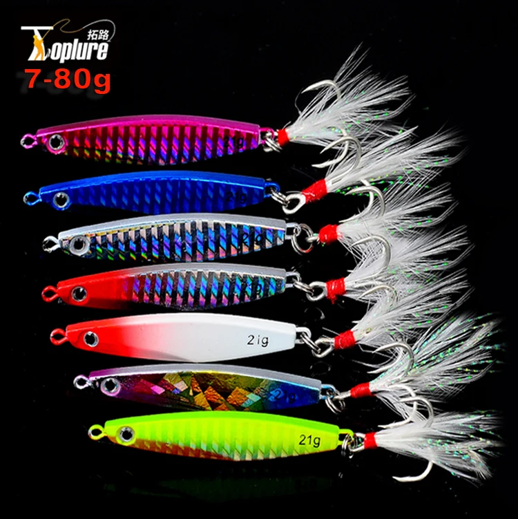 

TOPLURE 7-80g Metal Fishing Jig LureLead Long Casting Jig Lures Sea Water Fishing Bait Peche Jig with Feather Treble Hook