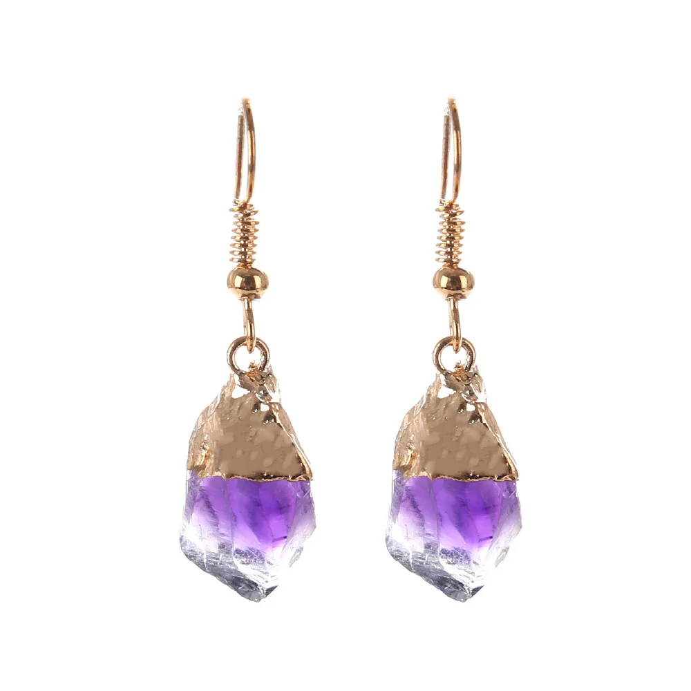 

2019 New Hot Selling Jewelry Women Fashion Golden Amethyst Drop Pendant Crystal Raw Quartz Earring For Girl Lady, Purple,yellow