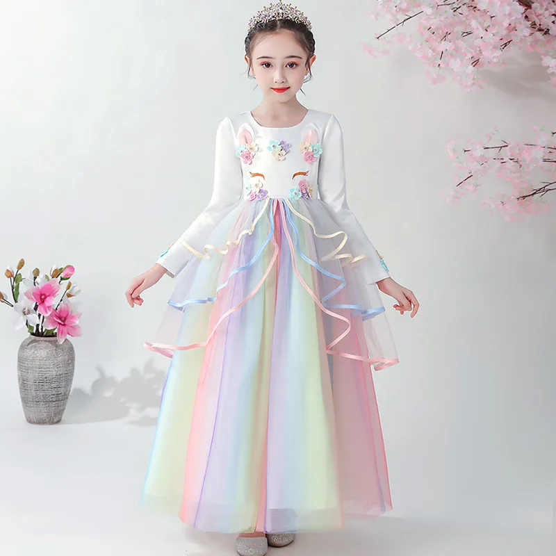 

MQATZ Autumn Girls Unicorn Party Dresses Long Sleeves Children Flower Long Frock Girl Wear Kids Garments, Pink,white ,purple