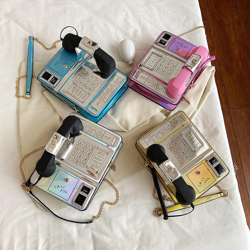 

New fashion creative laser simulation public phone purses body bags for women purses and handbag
