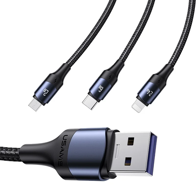 

USAMS 2021 New Trending SJ510 3IN1 Cellphone Fast Charging Cord Micro USB Cable Charger Data Cable Line for Huawei/OPPO/iphone, Customized color