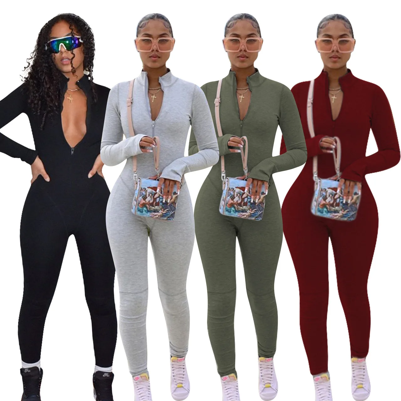 

2022 wholesale Women Long Sleeve Full Length Solid Color Bodysuit Jumpsuit Rompers Playsuit Women Jumpsuit, Picture