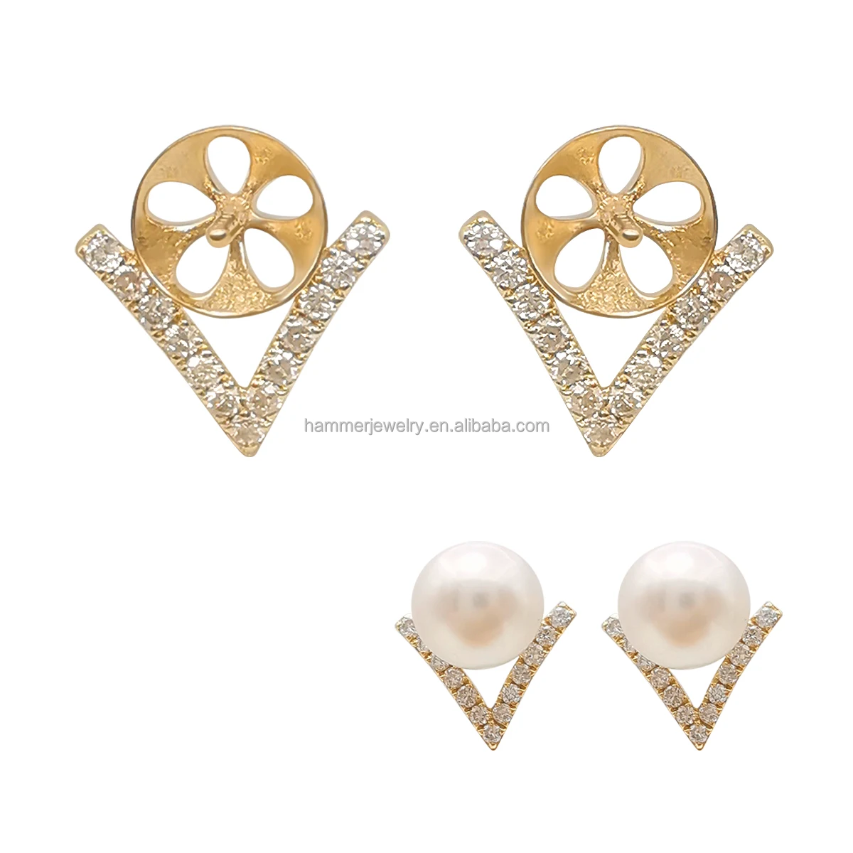 

Wholesale Au585 Gold Diamonds Fine Jewelry Stud Earring Holder Mount Pearl Round GEM Stones Jewelry Finding Accessories