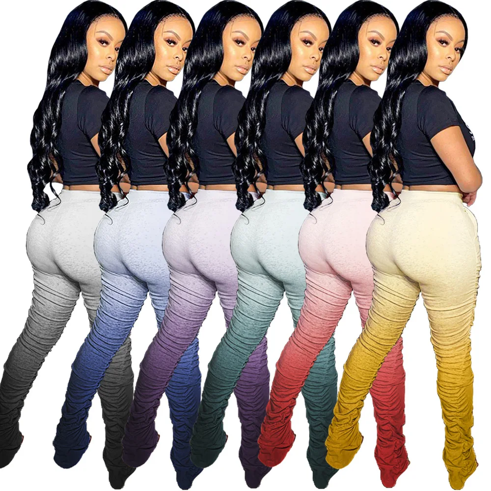 

MXN312 Newest design custom plus size stacked leggings gradient color casual ruched micro flare leg women stacked sweat pants