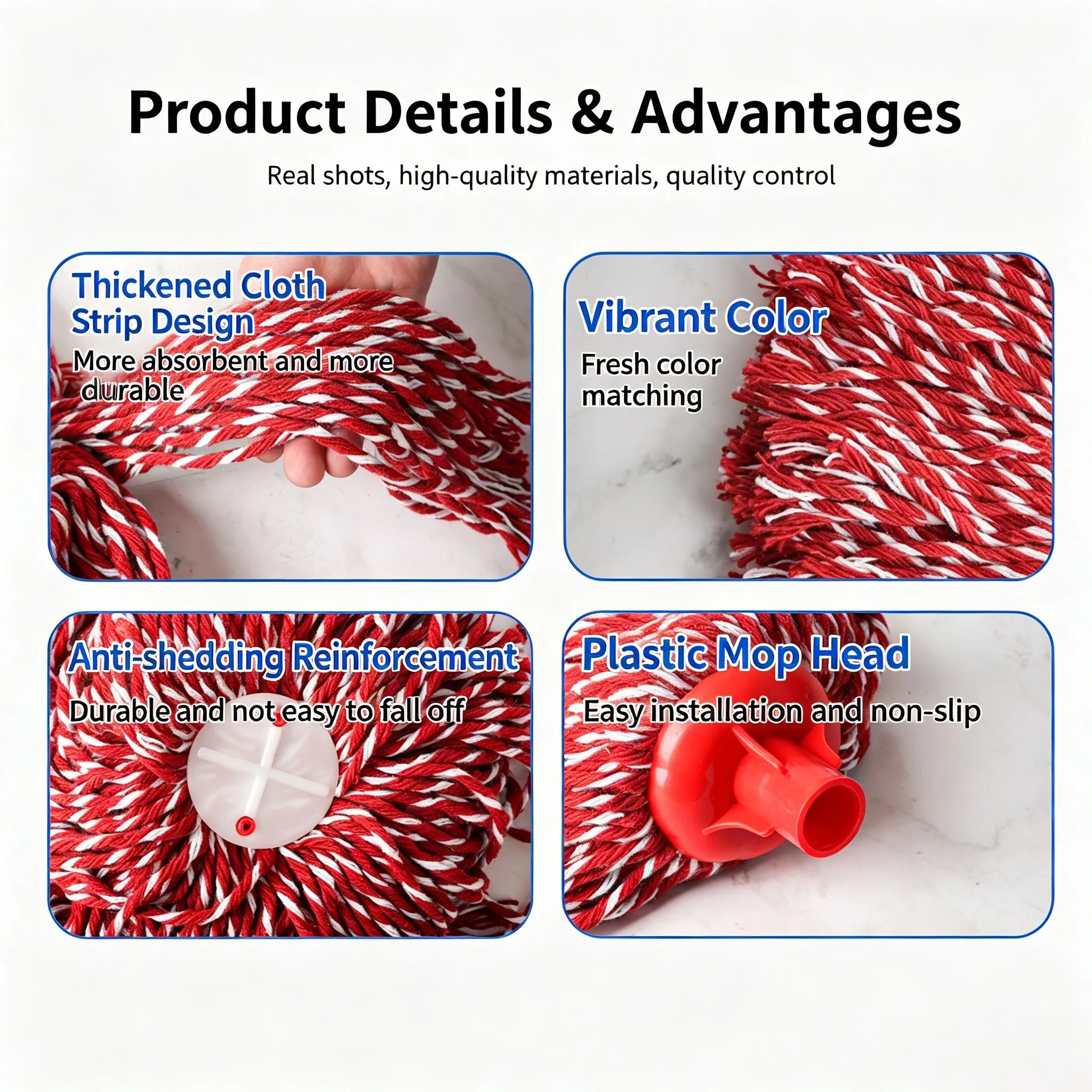 Close detail of the cotton yarn mop: thickened cloth strip, colour, anti-shedding reinforcement and the plastic head socket