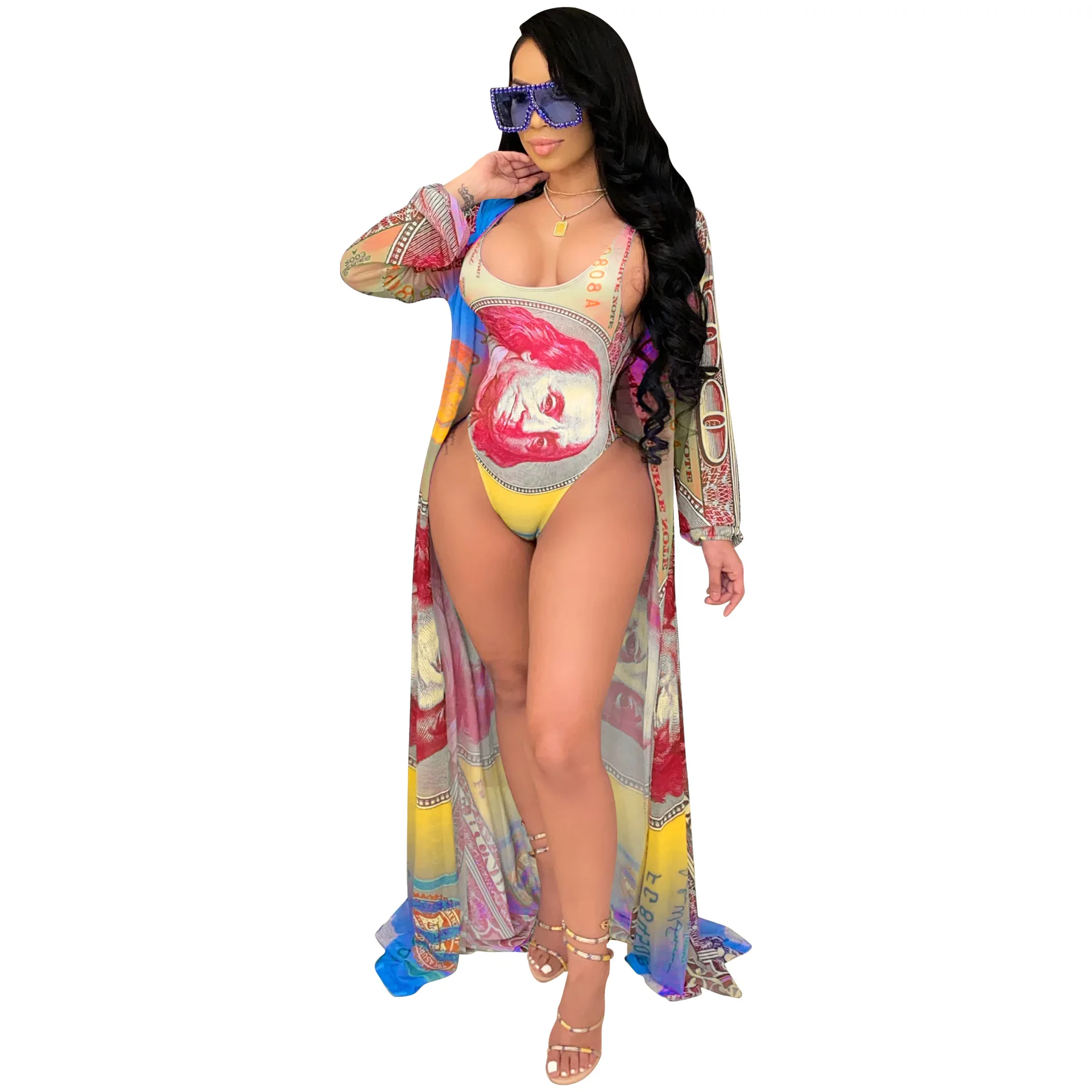 

Wholesale 2022 Bikini Micro Mini Printing Sexy Mesh Sheer Bikini Swimsuit One Piece Swimwear Beach Dress Cover Up, Customized color