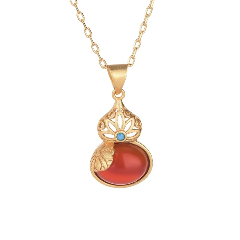 

Ethnic Design Brass Gilt Gold Gourd Pendant Inlaid With Red Agate And Chalcedony Necklace Accessories