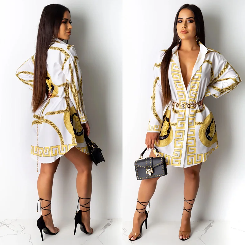

2020 New new women gold chain printed long sleeve blouses shirts mini dress