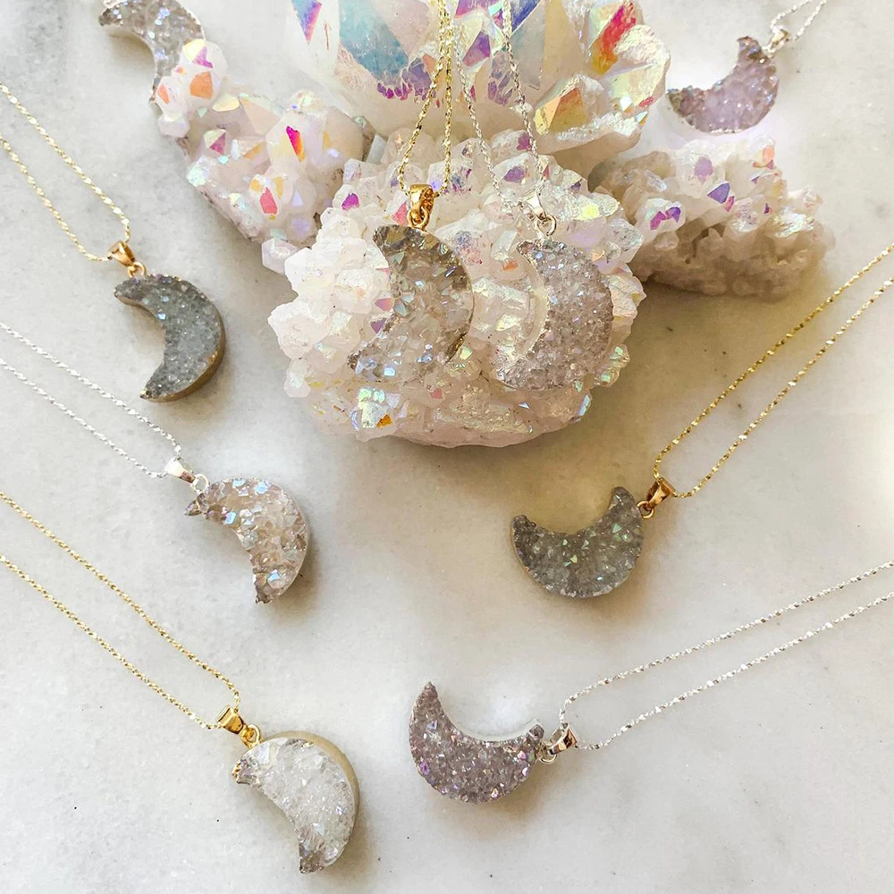 

sterling silver 925 jewellery moon charm necklace women gold natural druzy stone star glowing phases moon crescent necklace