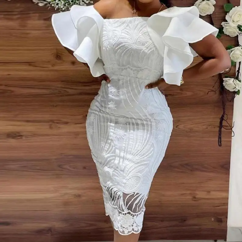 

Latest Elegant White Lace Chic One Shoulder Ruffle Lady Evening Dress