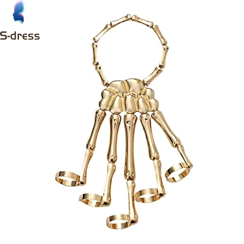 

Men Women's Halloween Skull Skeleton Hand Bracelet with Ring, Black, silver, gold