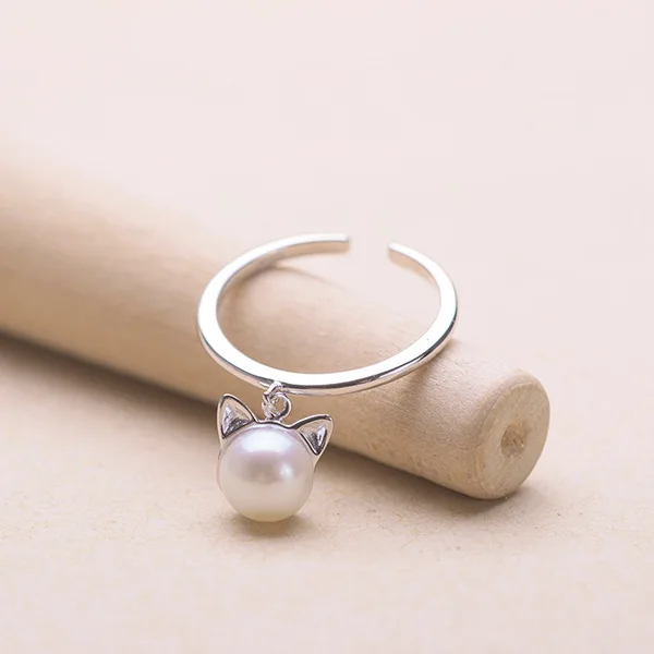 

Cat Ears Pendant Adjustable Cute Fashion Jewelry Silver Pearl Rings Women