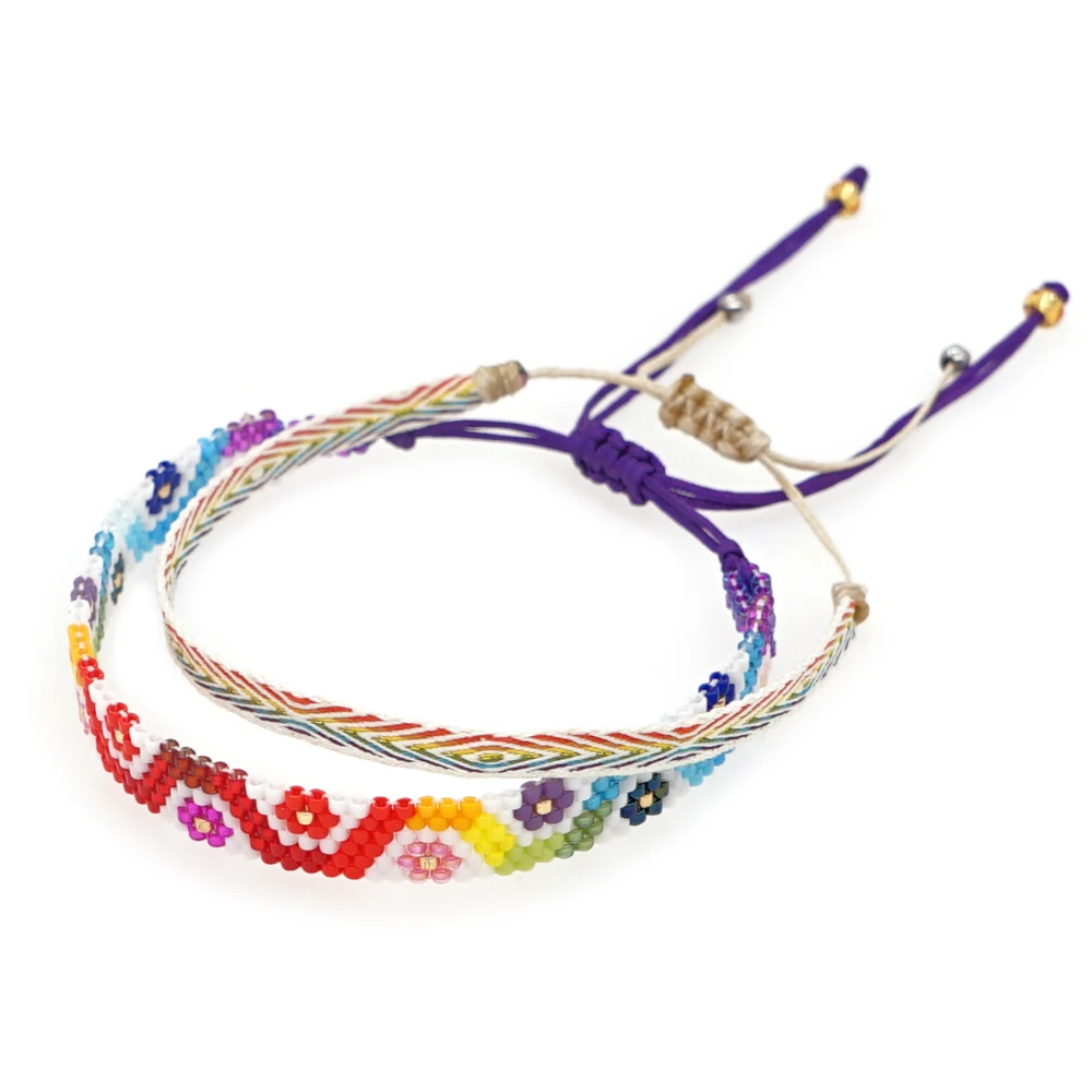 

Go2BoHo Women's Fashion Jewelry Geometric Ribbon Bracelet + Miyuki Seed Bead Braided Rainbow Daisy Flower Bracelet Set for Women