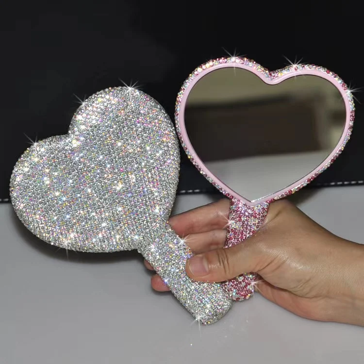 

Factory Price Heart-shaped handle makeup mirror with rhinestone elliptical hand-held vanity mirrors square mirror custom logo