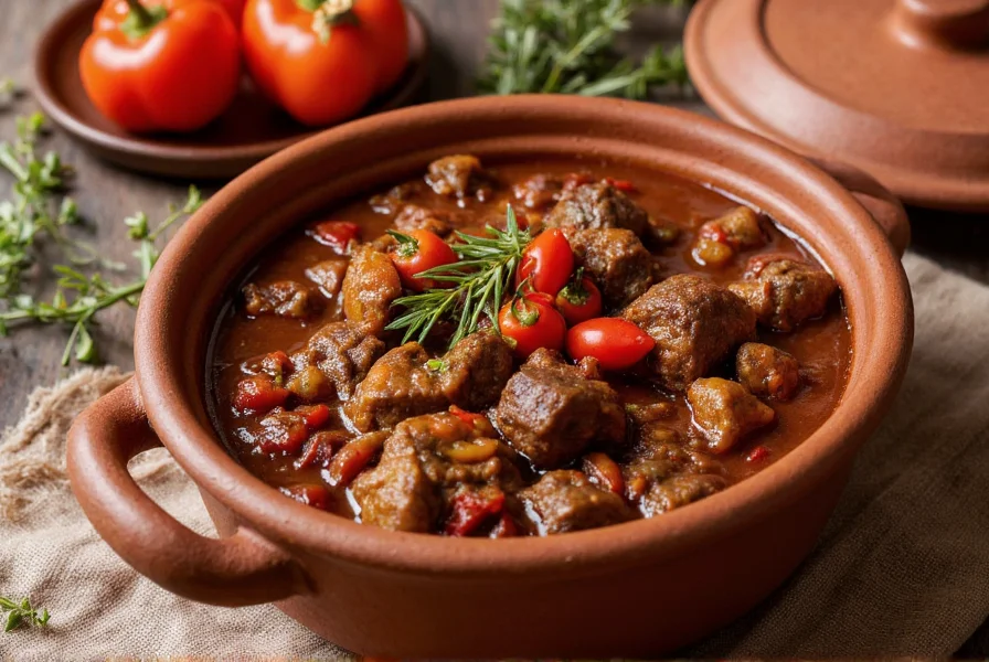 Authentic Caribbean pepper pot stew in clay pot with beef chunks, dark sauce, scotch bonnet peppers, and fresh thyme garnish