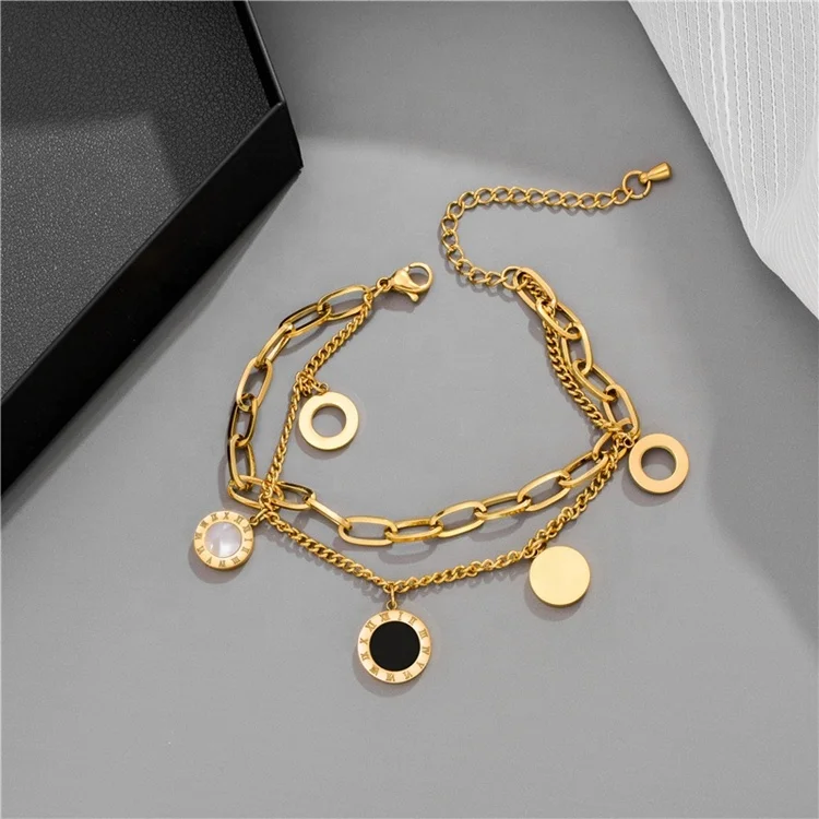

Korean female gold roman numeral bracelet jewelry double layered stainless steel chain bracelet, Gold color