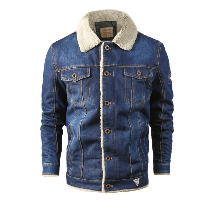 

Winter new add velvet and thick denim jacket loose lapel xl fashion solid-color men's long sleeve coat