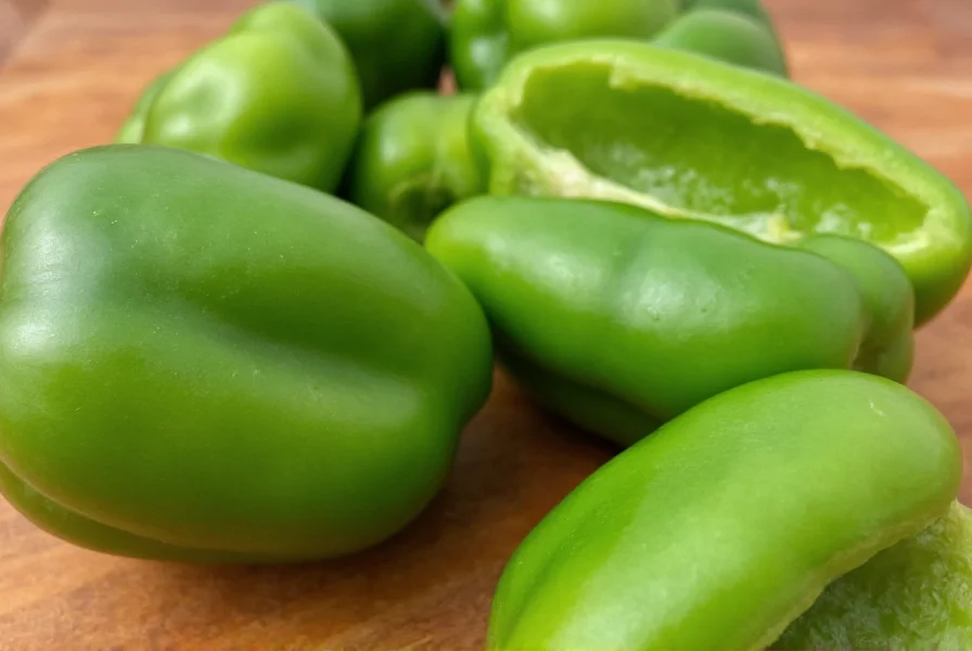 Close-up of fresh green bell peppers showing their thick walls and glossy skin on a wooden cutting board