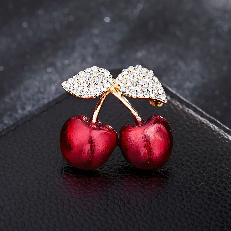 

Wholesale Wedding Jewelry Red Enamel Cherry Crystal Rhinestone Fruit Brooch Scarf and Hat Brooch for Women Clothes Dress