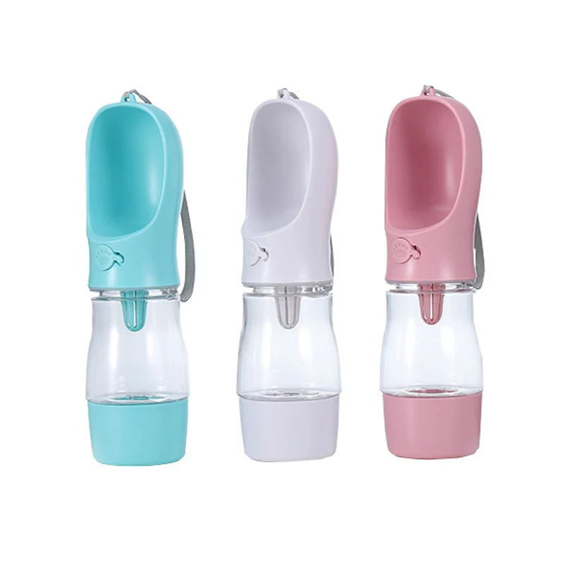 

Wholesale New Design 2 in 1 Portable Feeder Food Cup Drinking Dispenser Dog Water Bottle With Bowl, Blue;pink;green;gray