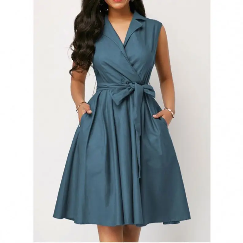 

Plus Size Turn Down Collar Sashes Bow Solid A-line Female Career Dress, Blue,brown,navy blue