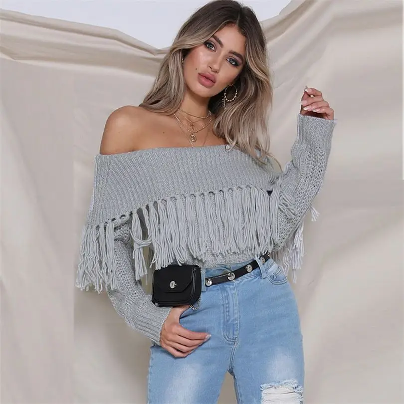 

Sexy Tassel Sweaters Women Slim Fit Knitted Pullovers Off Shoulder Autumn Fringe Coats Bohemia Long Sleeve Knit Jumper Tops, Picture