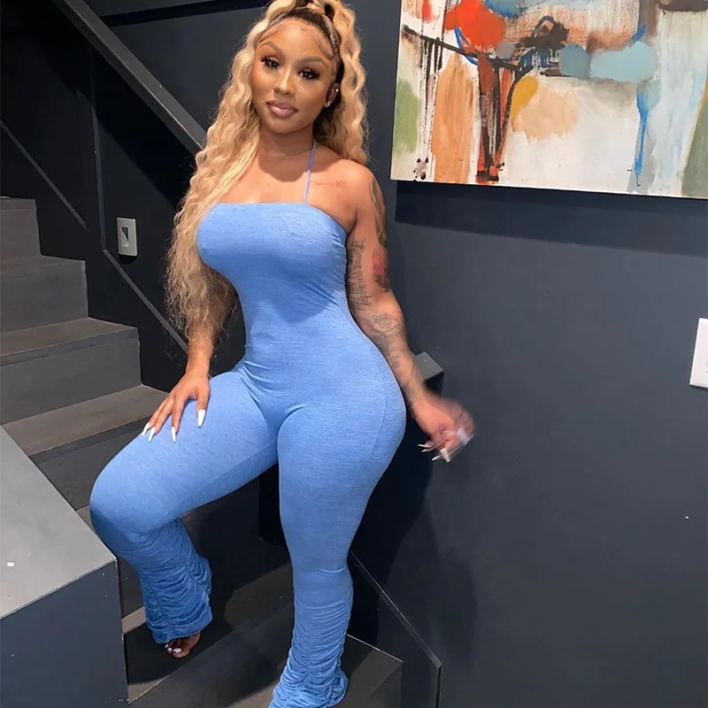 

LANOZY Women New Stylish One Piece Rompers Sexy Sleeveless Stack pants 2021 bodysuit jumpsuit, Blue,dark green