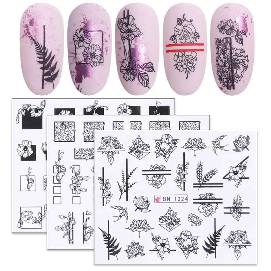 

1pcs Black White Flowers Stickers For Nails Green Leaves Water Decal Slider Nail Art Wraps Manicure Decor Tattoo