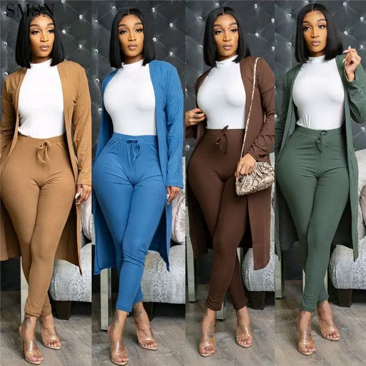 

Good Quality Pure Color Knitting Long Cardigan Drawstring Pants Jogging Set Women Two Piece Set Fall Two Piece Sets For Women