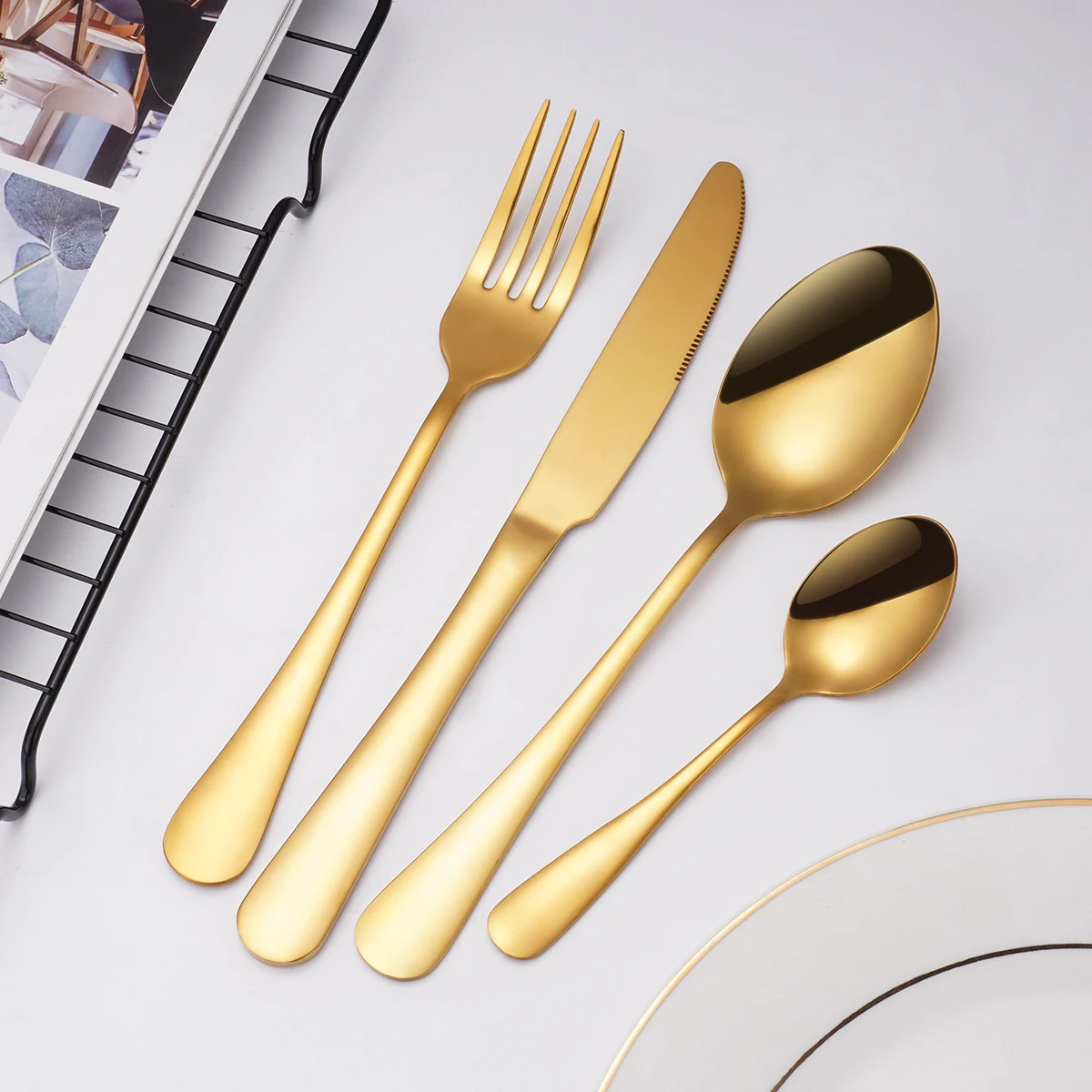 

High Quality Restaurant Thick Flatware Wholesale Kitchen Wedding Luxury Portuguese Mirror Black Gold Stainless Steel Cutlery Set, Silver/ gold/ rose gold/ black/ colorful