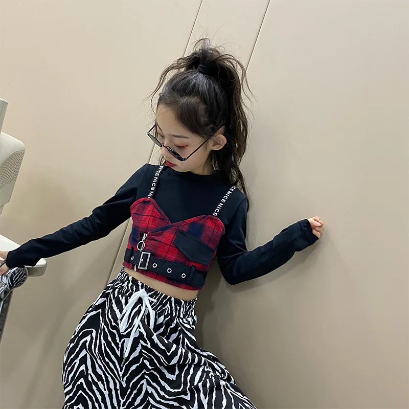 

2021 New Spring Children Girl Fashion Show Black Shirt Plaid Patchwork Crop Top 5-10 years, As photos
