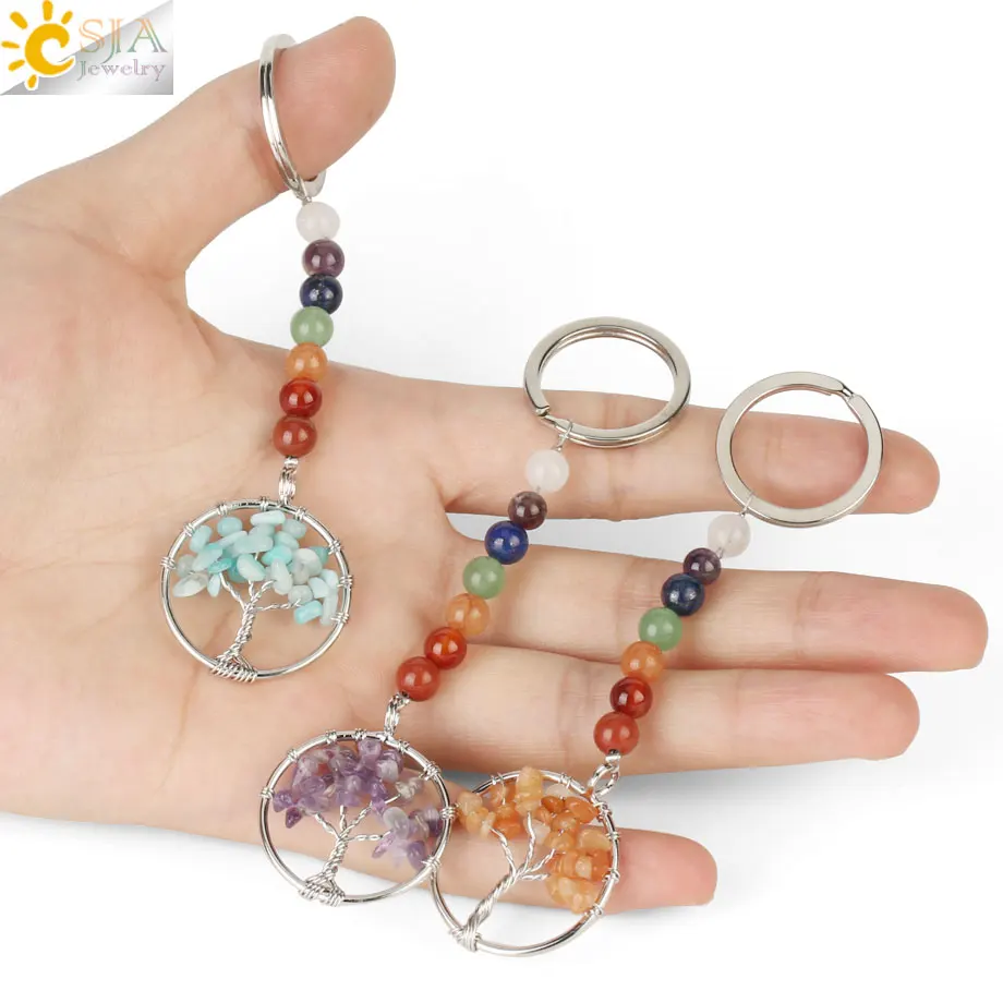 

CSJA hot 7 chakra tree of life pendant key holder natural stone reiki keychain G312