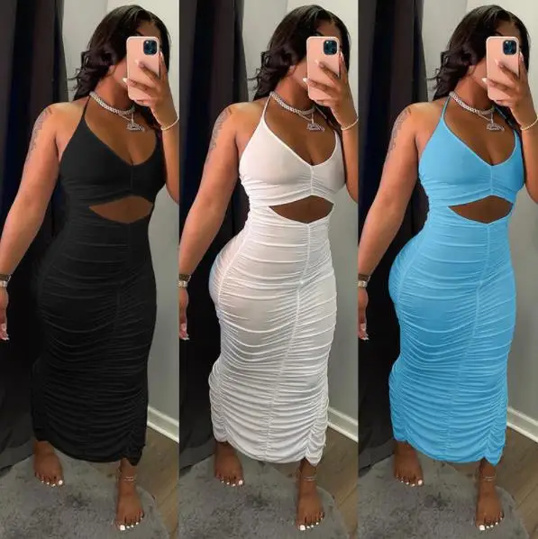 

2021 Summer Pure Color Hollow Out Bodycon Dress Women Halter Drawstring Ruffles Dress