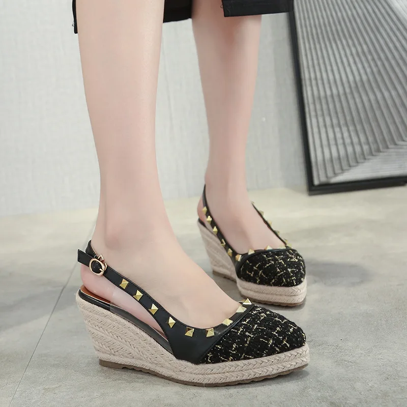 

Rivet decoration linen upper patchwork wedge heeled women shoes closed toe slingback lady espadrille pumps for summer