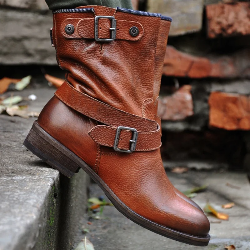 

High Quality Woman No Heel Slip On Short Boots Shoes Lady Motorcycle Belt Half Boots, Black,brown