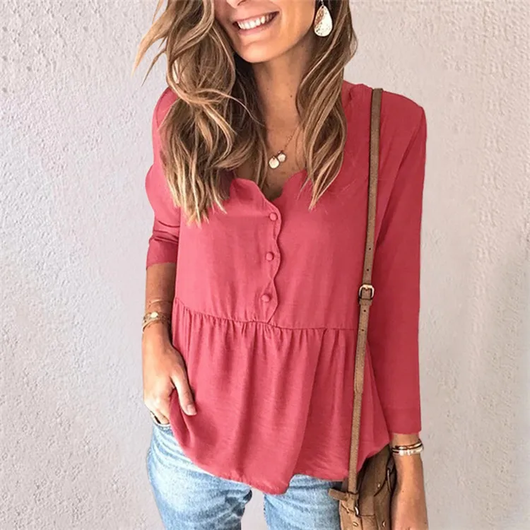 

European and American women's hot style solid color stitching long-sleeved shirt top, As show