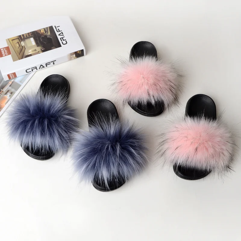 

New Fluffy Faux Fur Slides Women Fur Slippers Furry Raccoon Sandals Fake Fox Fur Flip Flops Home Fuzzy Woman Casual Plush Shoes, Customized color