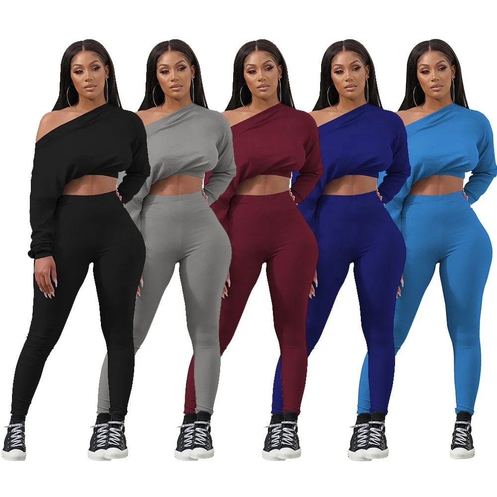 

W8342 2021 Spring casual high elastic pant Set ladies solid color outfits fall two piece set women clothing, As picture or customized make