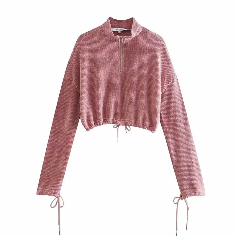 

Customized Drawstring Lace Knit Sweatshirt Solid Color Cropped Top Pullover