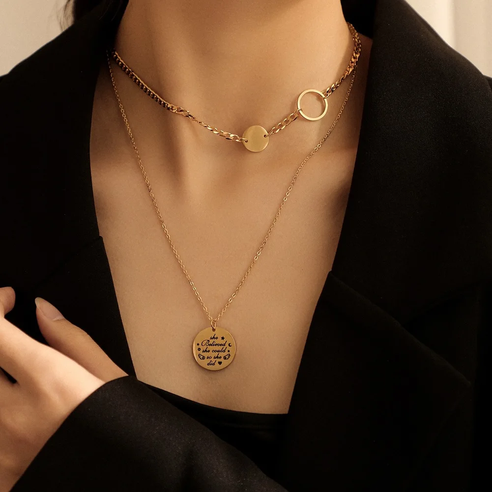 

Stylish personality stainless steel circle coin letter pendant double necklace with titanium steel clavicle chain for women