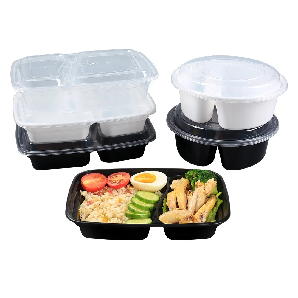 

Microwavable 2 compartment disposable plastic food storage meal prep container with airtight lid