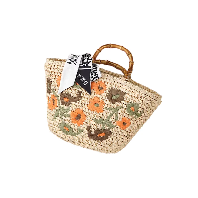 

Handmade Basket Shopping Straw Bag Rattan Raffia Pink Blue Orange Color Beach Bag with Flower Patterns