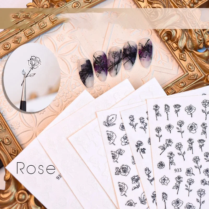 

Paso Sico Hot Selling Black White 3D Rose Flower Nail Sticker Multi-design Decal Sticker Nail Art Decoration nailsticker