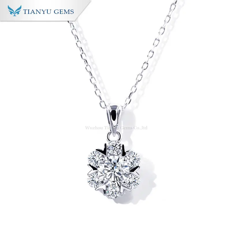 

Tianyu Gems Jewelry 18K Gold Plated White Color Round Moissanite Pendant 925 Sliver Halo Necklace