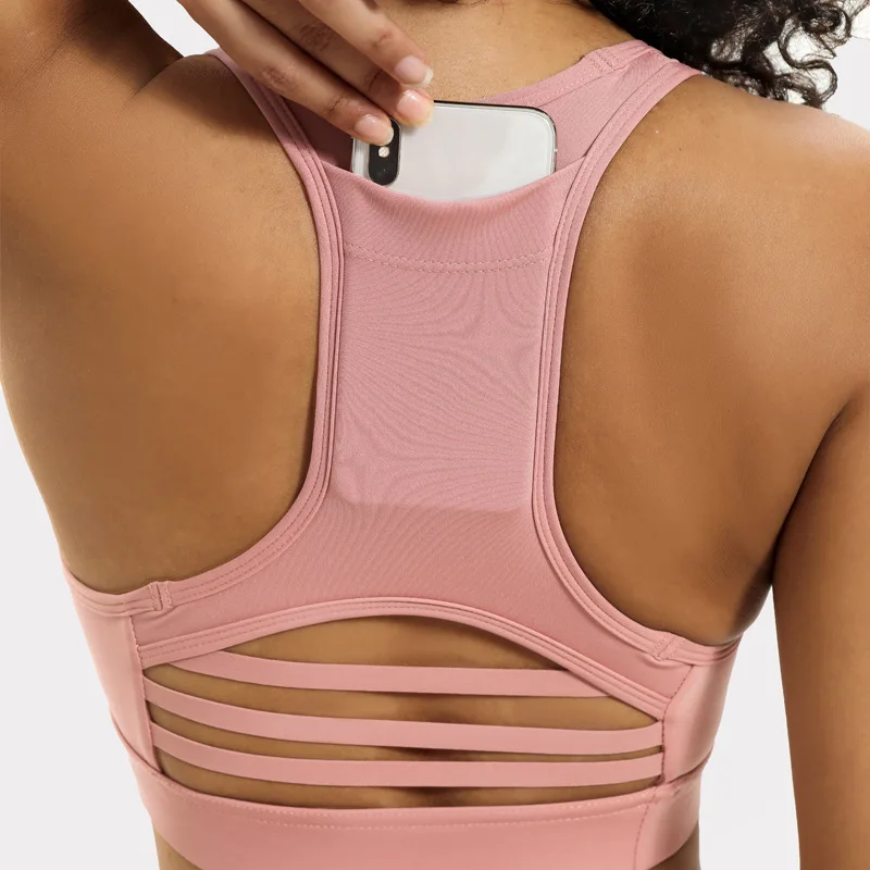 

2021 New Women Shakeproof Quick Dry Back Pocket Yoga Bra Crop Tops Sport Workout Fitness Activewear Bra, Purple pink blue black fitness gym bra