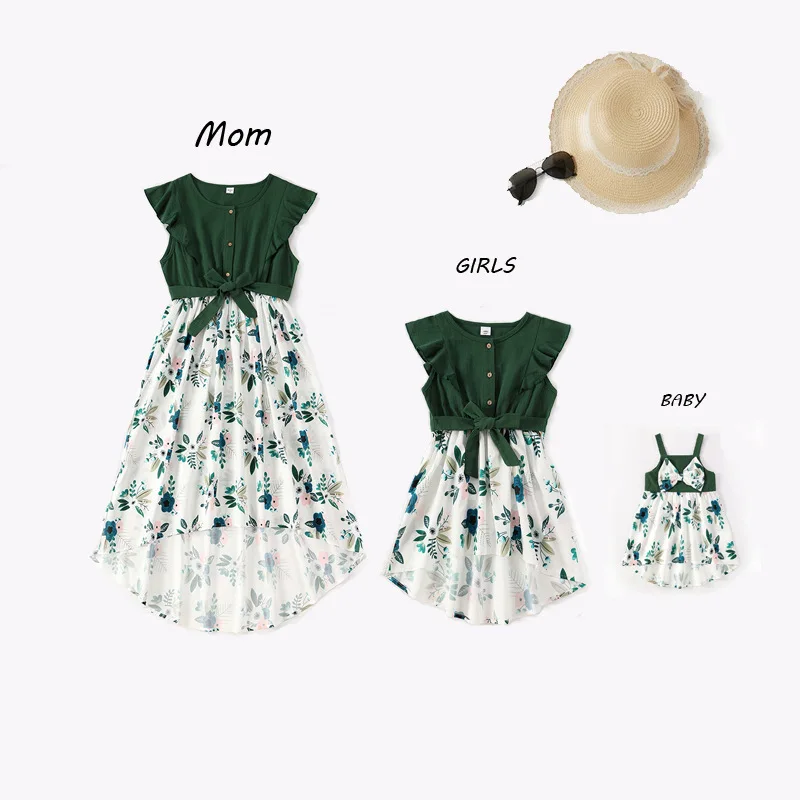 

2021 Family Matching Outfits Girls Patchwork Dress Flowers mommy and me mother daughter matching clothes