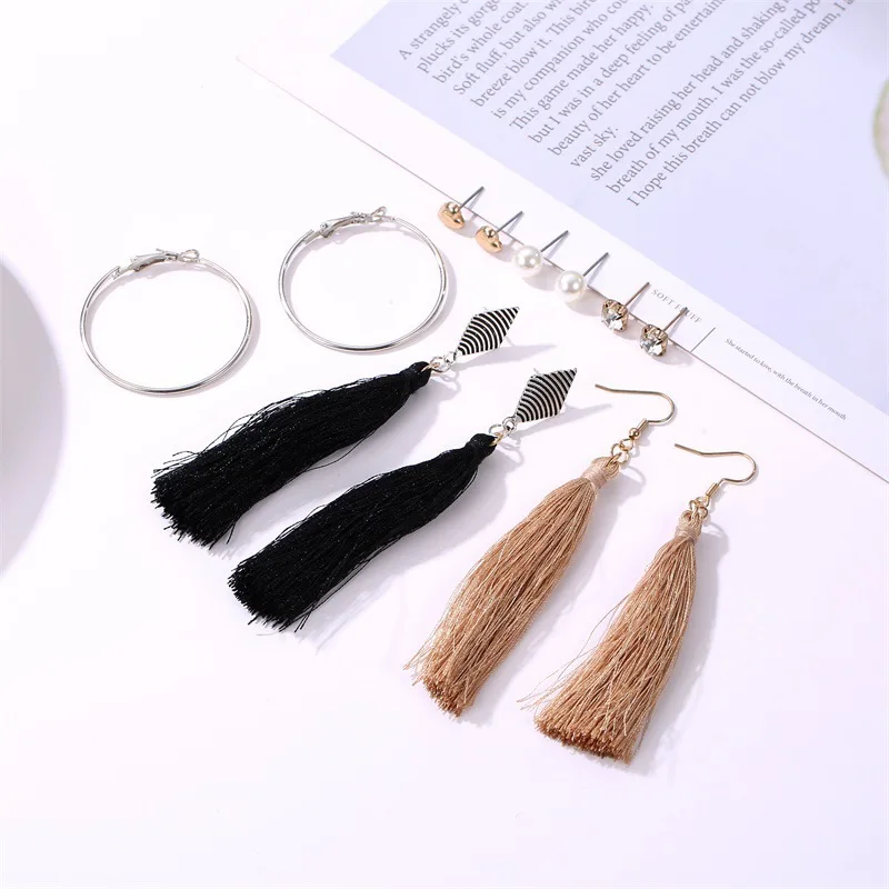 

6 pairs earrings set simple design round love pearl ear studs long fringe tassel earrings women, Optional