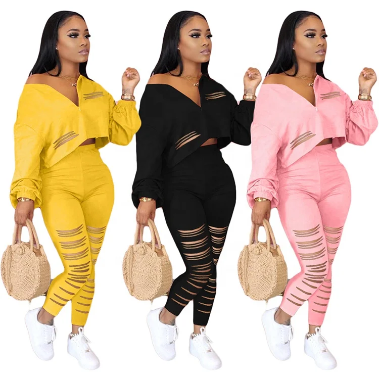 

New Solid Color Burnt-Out Sports Women Joggers Suits Set Fall Clothing For Women