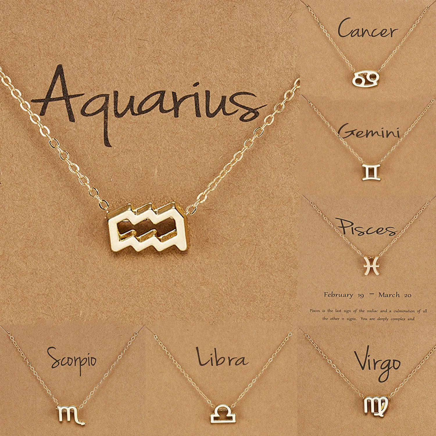 

Birthday Gift Gold Plated 12 Zodiac Sign Pendant Wish Card Charm Gold Chain Choker Astrology Necklace Jewelry For Women, Picture shows